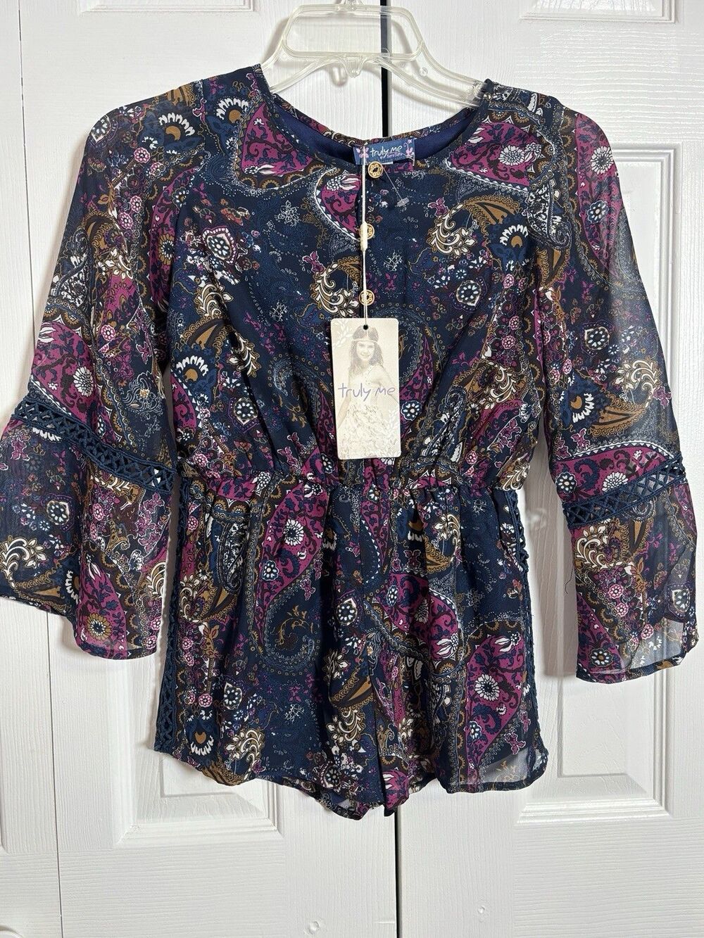 Truly Me by Sara Sara Girls Paisley Romper Navy Pink New With Tags . - Picture 3 of 8